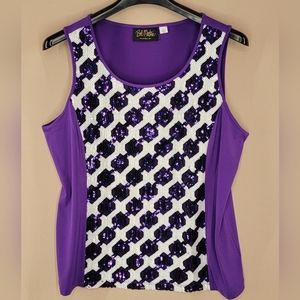 L Bob Mackie Purple and White Sequin Tank Top